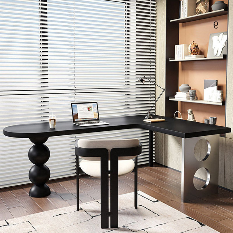 Bureau d'angle en bois massif noir avec pieds en acier inoxydable, H 29,53 po x l 86,61 po x P 55,12 po