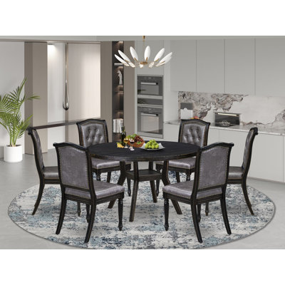 Ensemble de table de cuisine 7 pièces avec 6 chaises rembourrées et une table en bois, noir sablage