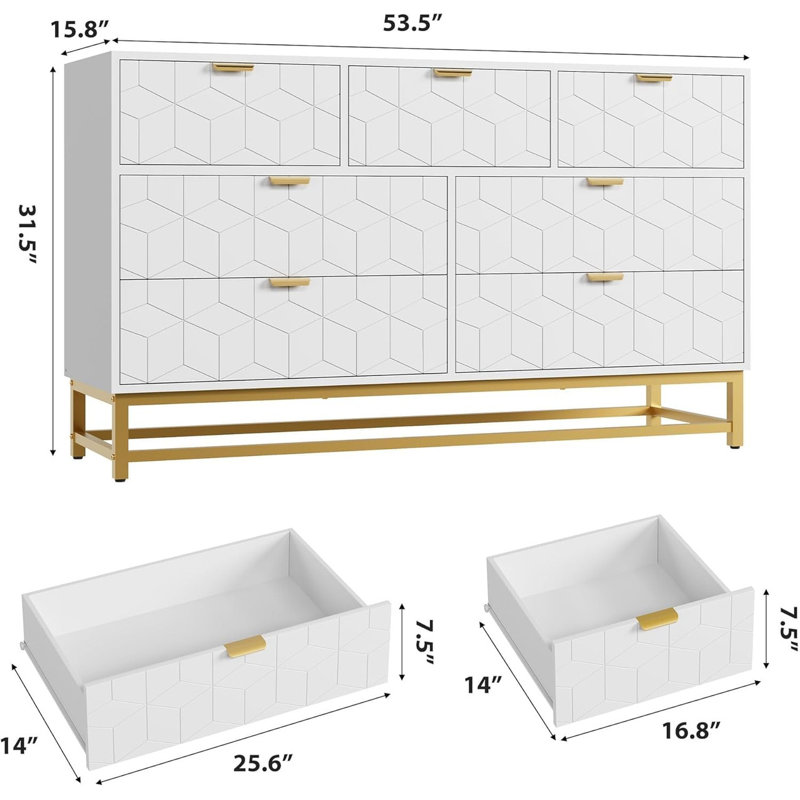 53.5" Wide 7-Drawer Dresser with Golden Metal Handles, Modern Chest of Drawers for Bedroom, Living Room, Entryway, White