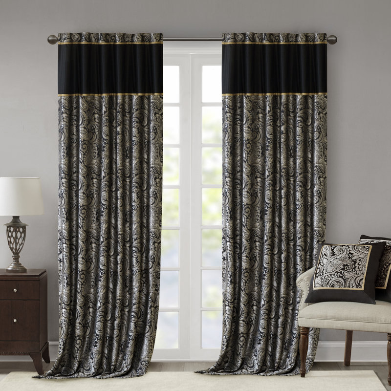 Aubrey Jacquard Black Curtain Panel Pair 50x95", 50" W x 95" L, Black