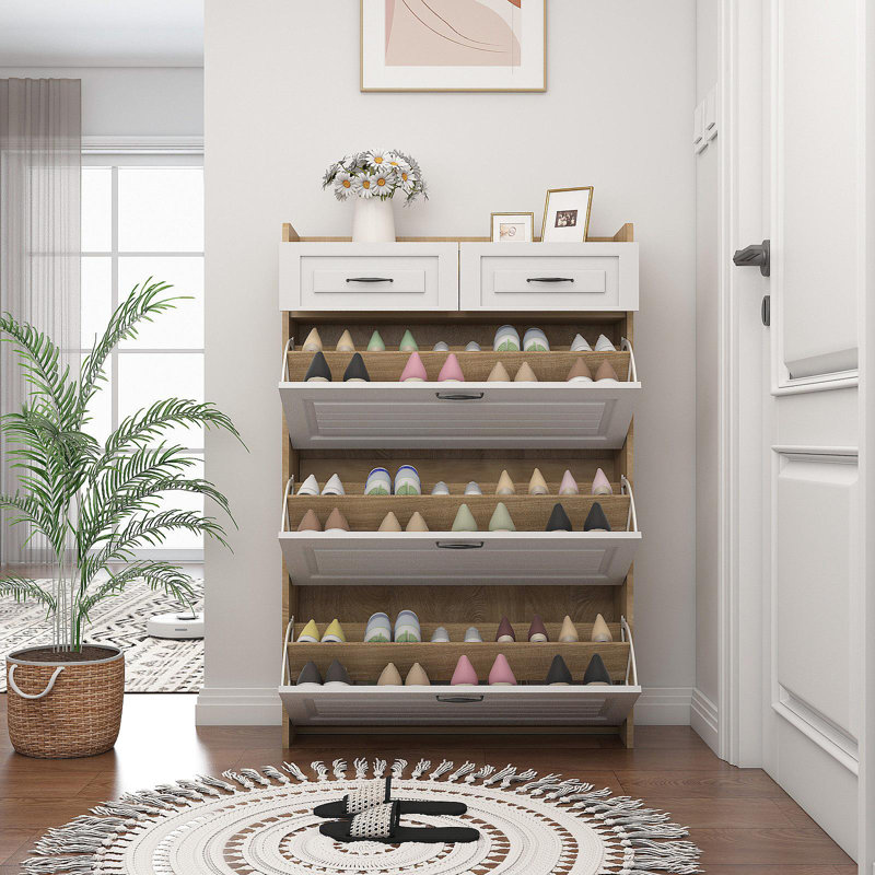 Armoire à chaussures 1250 blanc + chêne avec 3 portes et 2 tiroirs, grand espace de rangement