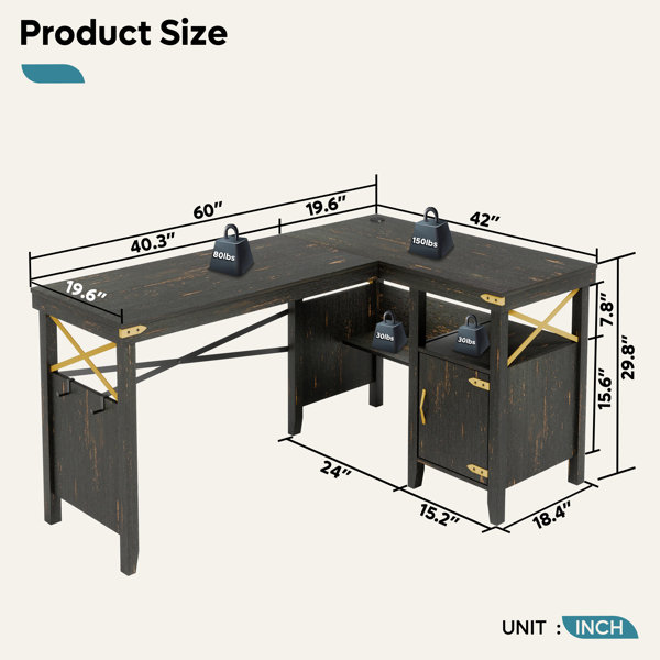 Koopman L-Shaped Home Office Computer Desk with Storage Cabinet, Farmhouse Office Table for Writing Study Steelside Color: Rustic Brown