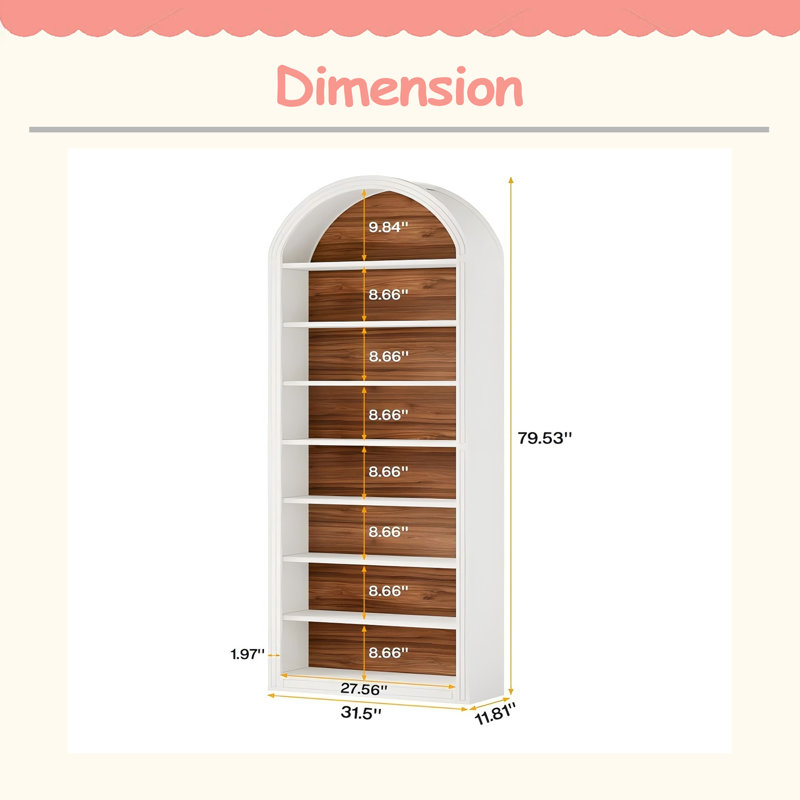 Closed Back Design Bookcase,Generous Bookshelf,Arched Display Shelving, White