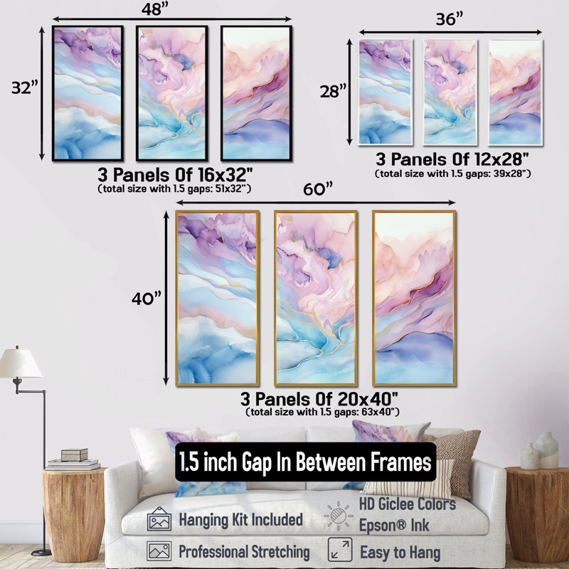 Ensemble de salon rose et bleu Glacier Sunrise - Abstract Shapes, H 40 po x l 60 po x P 1 po, Cadre flottant doré