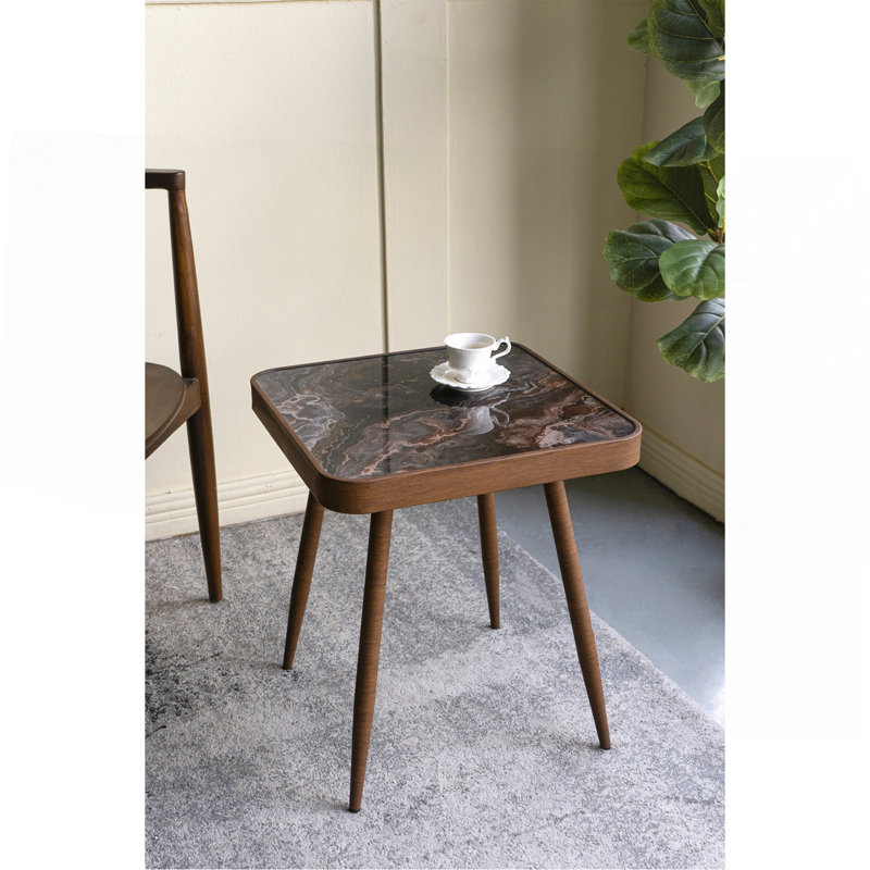 Table d'appoint carrée 17,3 x 17,3 x 18 po avec plateau en verre, motif marbré et pieds en fer doré