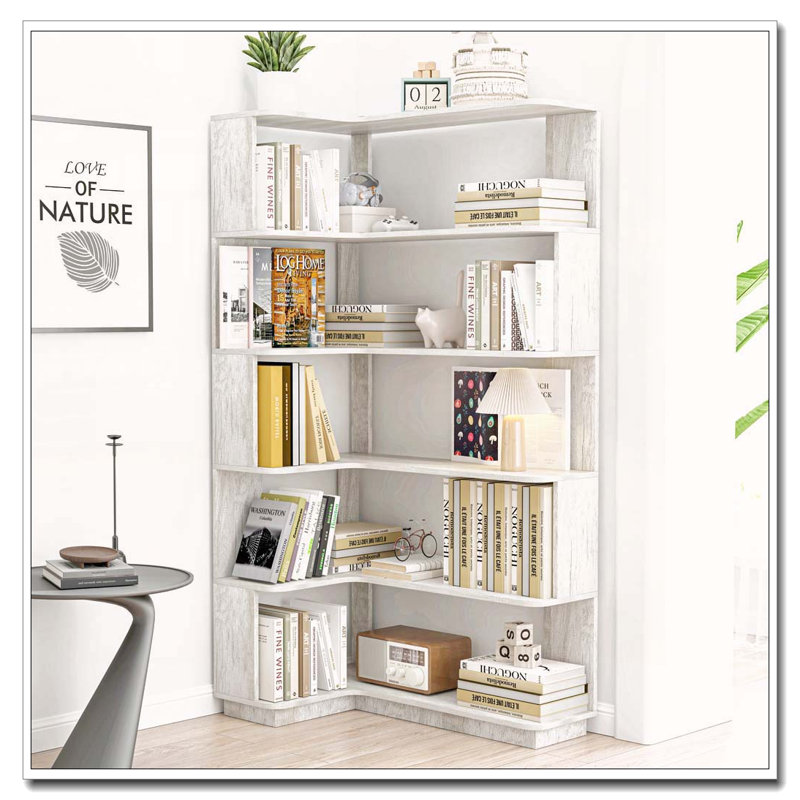 5-Tier Freestanding L-Shaped Corner Bookshelf, Light Gray
