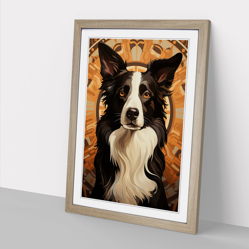 Border Collie Deco No.3 - Single Picture Frame Print on Wood, Oak, 46cm H x 34cm W x 2cm D