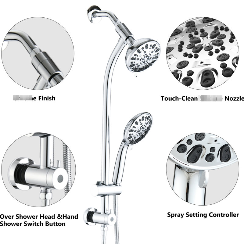 7-Setting Dual Head Shower - Stainless Steel Slide Bar, 5" Abs Head, 1.8 Gpm, Wall Mounted, Drill- 26 Bar 7 Function Abs, 26" Drillless,