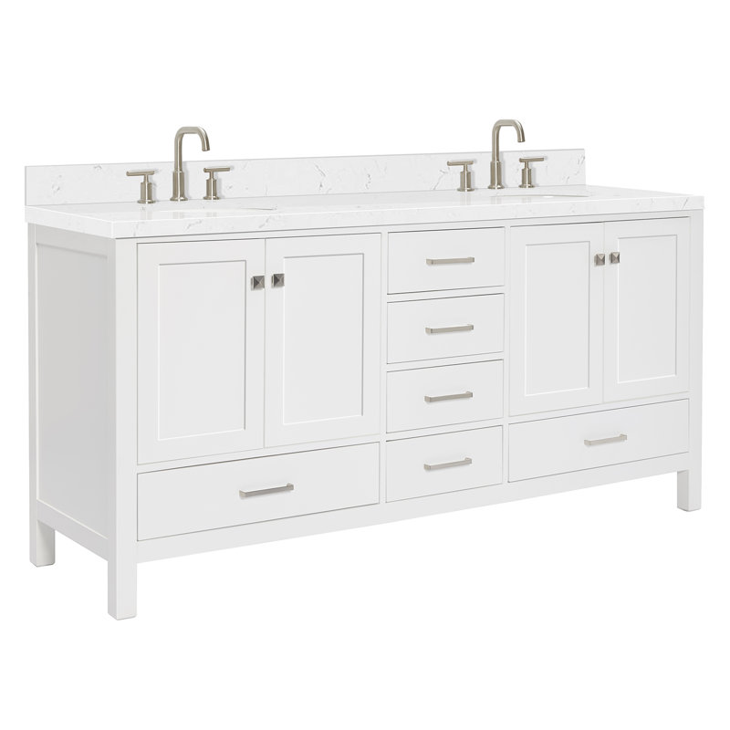  Meuble-lavabo double 72,25 po avec comptoir, Blanc, Nickel brossé