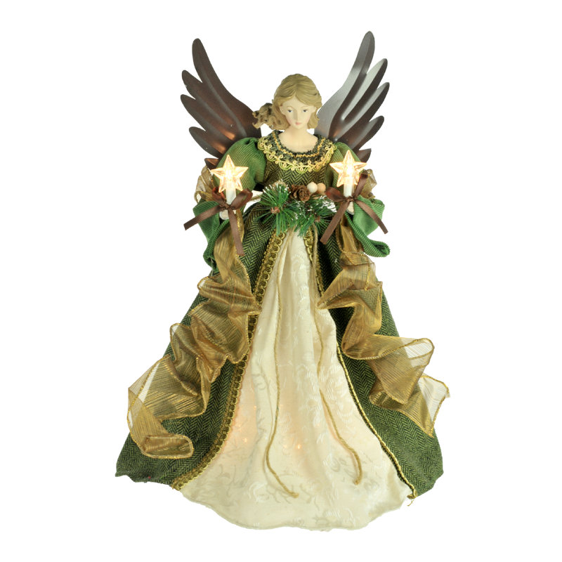 Green and Beige Lighted Angel Tree Topper with Metal Wings