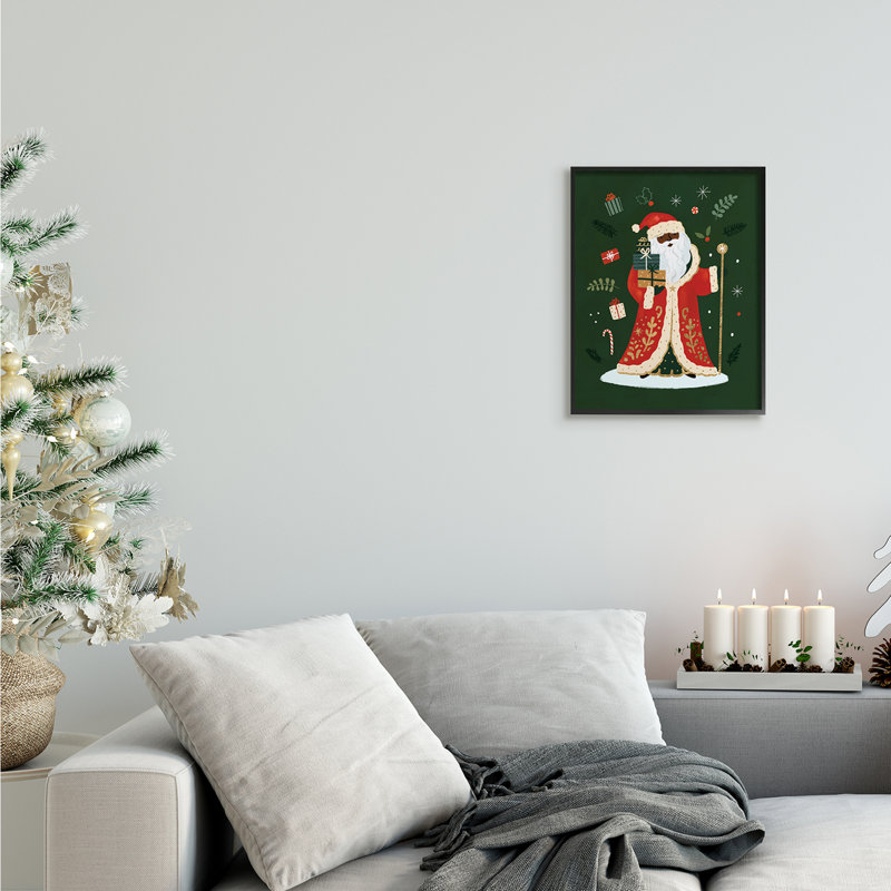 Fêtes festives, Noël et vert, vacances d'hiver, H 14 po x l 11 po, Giclée encadrée noir minuit