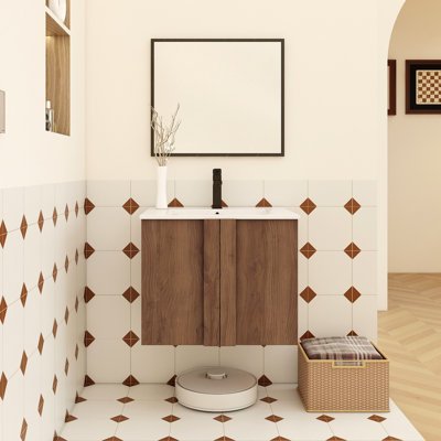 Ensemble de meuble-lavabo flottant avec lavabo, meuble-lavabo mural en ébène brun, portes à fermeture douce, ensemble de meuble-lavabo moderne peu encombrant