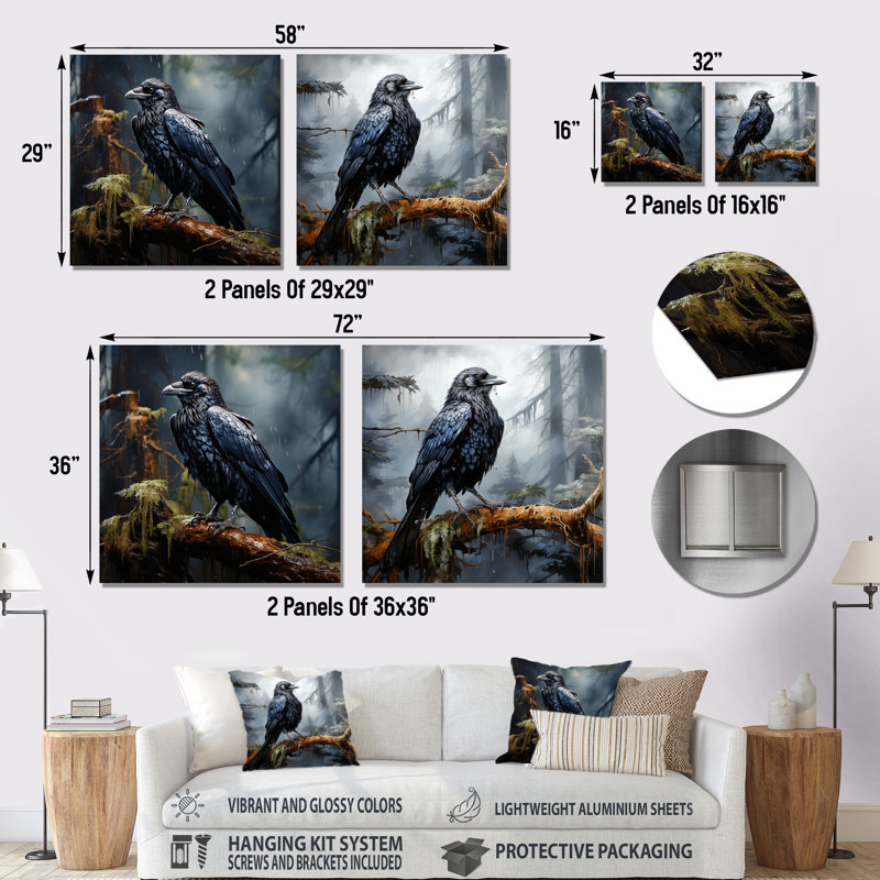 Black Raven Forest Guardian I - Raven Metal Wall Art Prints Square Set Of 2, 16" H x 32" W