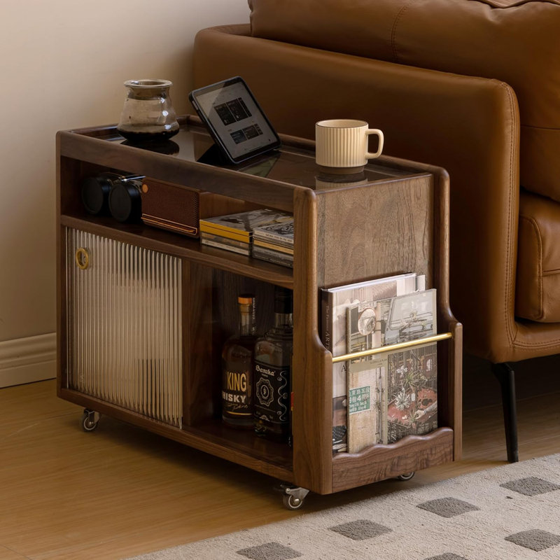 27.9"W Solid Walnut Modern Moible End Table with Fluted Glass Doors, Wheels, Walnut