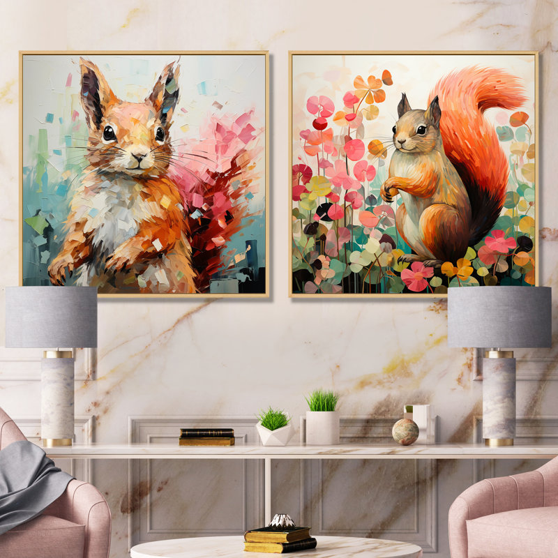 «Pink and Green Squirrel Blooming I», ensemble de 2 reproductions d'art sur toile écureuil, Cadre flottant brun