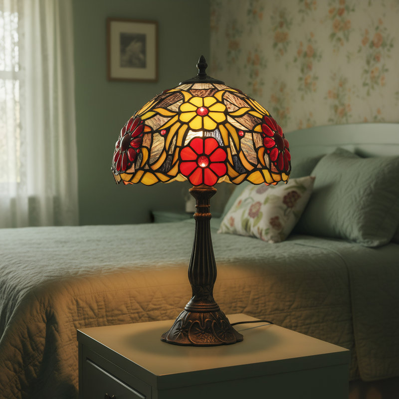 Lampe de table de style Tiffany Hantek, lampe florale rétro en verre coloré de 11,8 po avec base en métal, lampe de chevet E26 pour le salon de la chambre à coucher