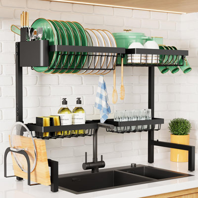 Over The Sink Dish Drying Rack - Adjustable Sink Drying Rack For Kitchen Sink With Large Capacity, 2-Tier Dish Rack Over Sink With Multifunctional Baskets, Black