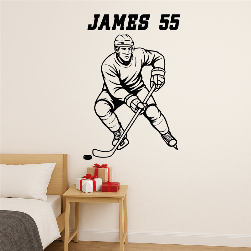 Autocollant mural de hockey personnalisé - nom personnalisé amovible en vinyle, décor de hockey pour chambre de garçon et chambre à thème sportif