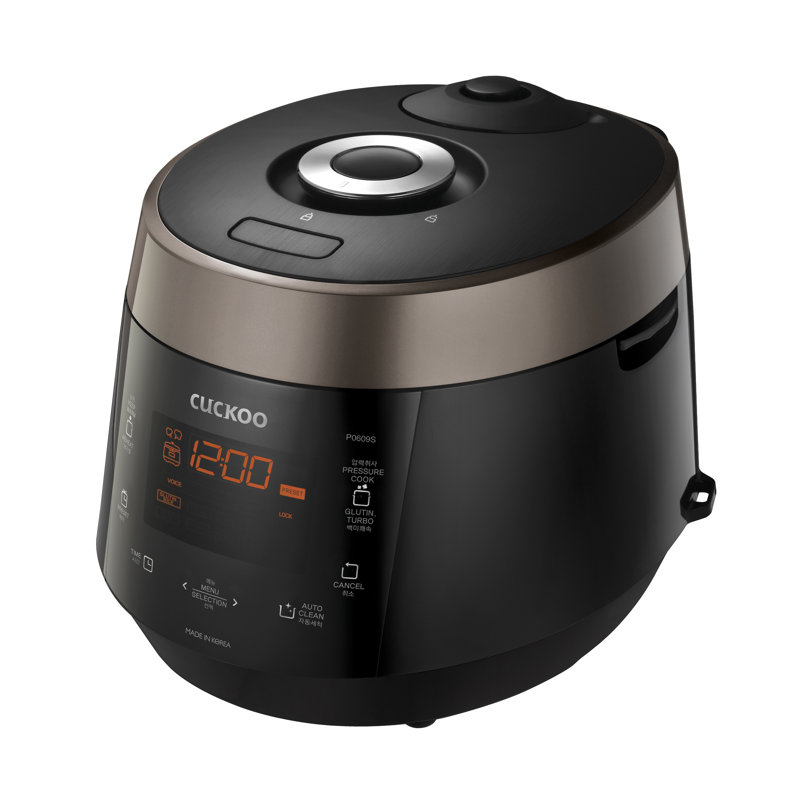 CUCKOO High Pressure Rice Cooker 6-Cup Uncooked / 12-Cup Cooked with Nonstick Inner Pot, Versatile Rice Maker with 12 Menu Options and Steam Plate, Fuzzy Logic Tech, Voice Guide, Black (CRP-P0609S)