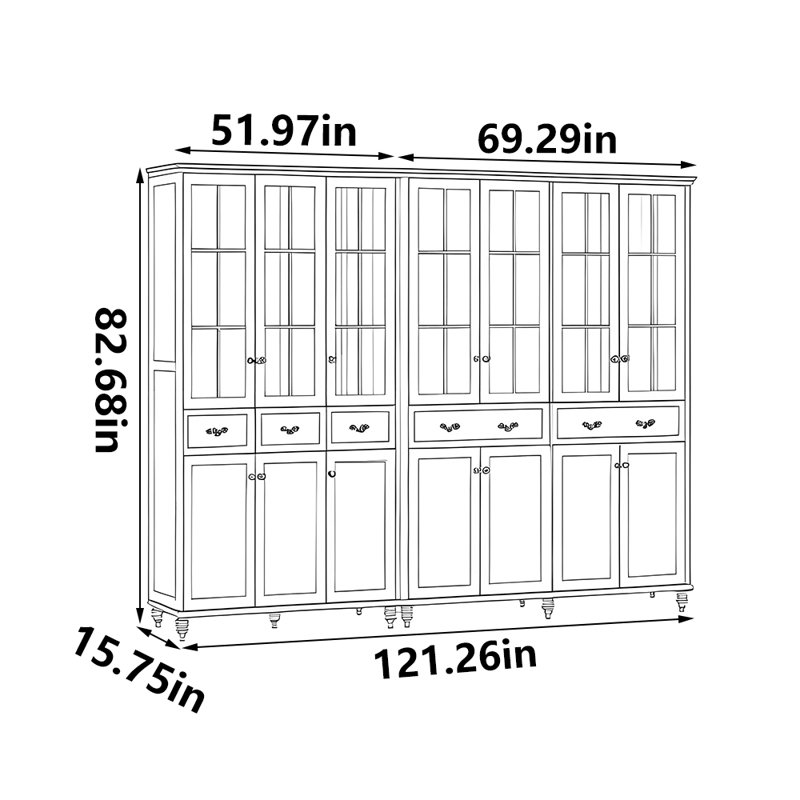 Bibliothèque classique noire de style américain, H 82,68 po x l 121,26 po x P 15,75 po