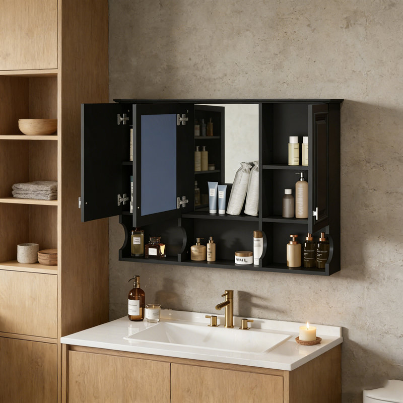 Armoire à pharmacie à miroir avec tablettes ouvertes et poignées en métal, Noir