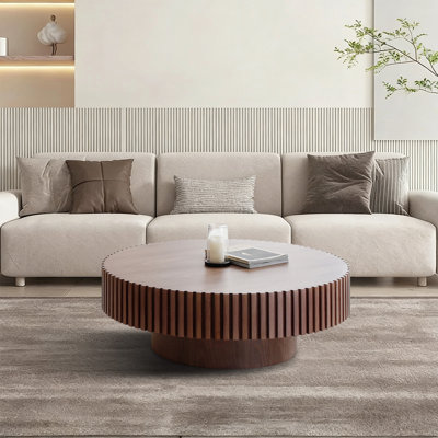 39.37" Round Coffee Table Wood, Modern Unique Circle Coffee Table, Contemporary Drum Fluted Coffee Table Accent End Side Table Center Table for Living Room, Small Space, Apartment