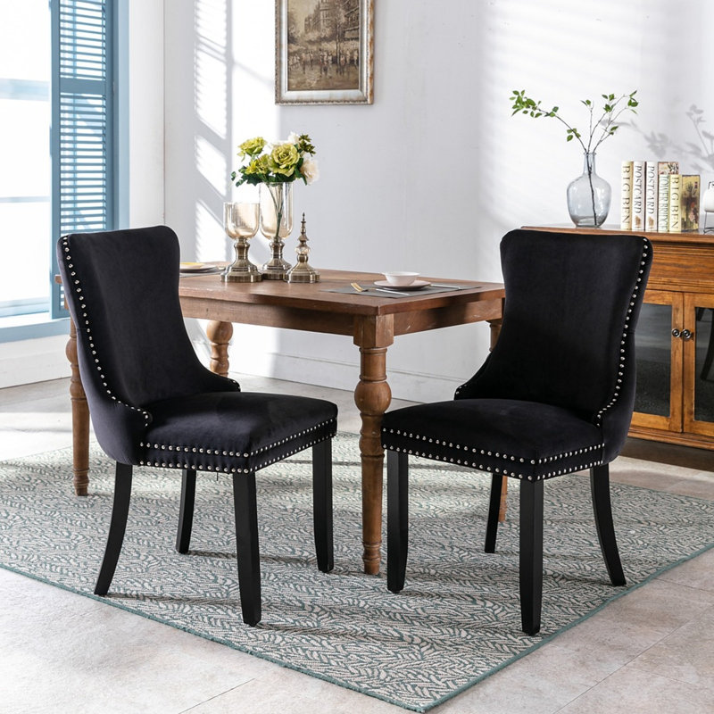  Demarco Luxury Velvet Upholstered Kitchen Dining Chairs, Black, Black, 2