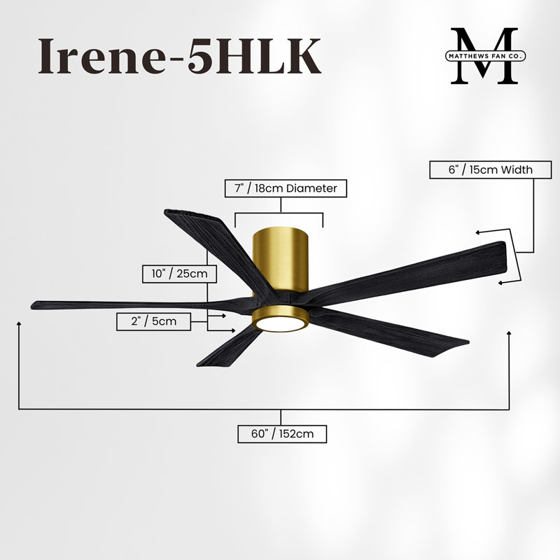 Irene Flushmount Light Kit 5 Blade LED Ceiling Fan, Brushed Brass, Matte Black, 60"