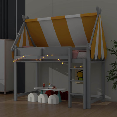 House Loft Bed Featuring Canopy, LED String Lights & Front Bookshelf Display, Wooden Loft Bed With Underneath Open Space