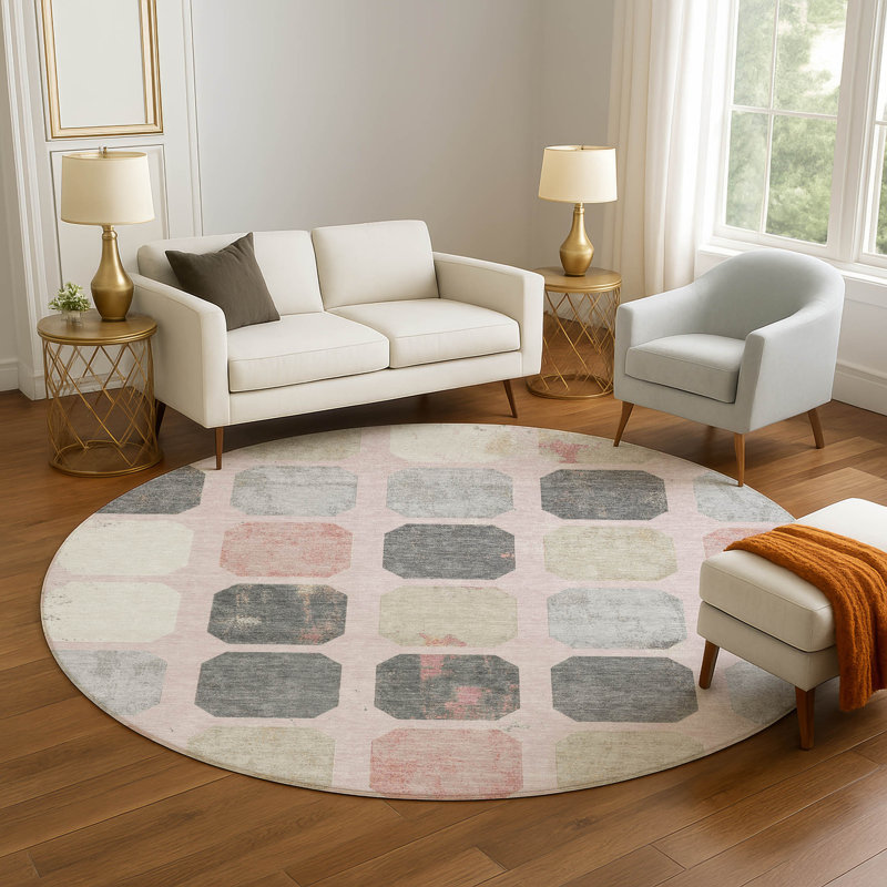 Premium Machine Washable Ralston AMF1950 Geometric Rug, Round 8'