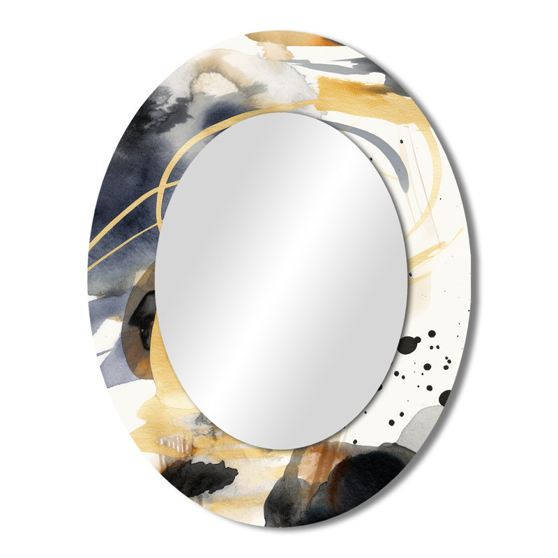 Pastel Abstract With Blue Black & Gold Spots XIII - Abstract Oval Decorative Mirror On Metal, 43" x 33"