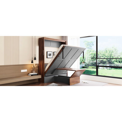 Lit double avec bureau pliable caché, couleurs noyer et gris, idéal pour les bureaux à domicile et les chambres d'amis, espace de travail encastré, conception, bureaux à petits espaces convenables, structure en bois massif durable