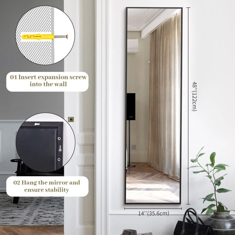 14" x 48" Adjustable Height Over The Door Mirror, Rectangular Full Length Hanging Door Mirror