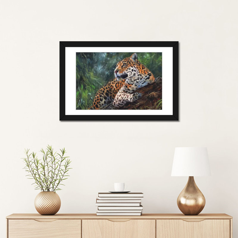 «Jaguar in Tree», impression sur toile, H 24 po x l 32 po x P 1 po, Papier d'art encadré noir, Blanc