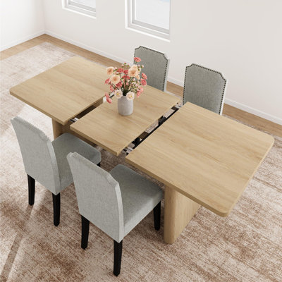 Ensemble de table de salle à manger extensible de 83 po avec chaises à têtes de clou rembourrées (6 pièces), table en bois aggloméré de 1,2 po d'épaisseur avec base en bois massif, bois naturel