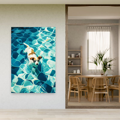 Happy Dog In Pool Contemporary Dog Summer Wall Art Print 1 Piece Wrapped Canvas Wall Art