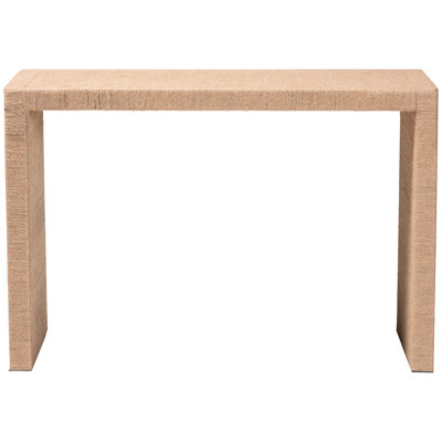 Console rectangulaire de style bohème en bois d'ingénierie et jute naturel, ornée de détails en jute tressé, pieds droits, largeur 119 cm, profondeur 46 cm, hauteur 84 cm, poids 12 kg.