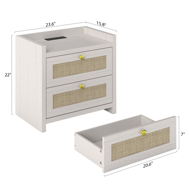 Ensemble de 2 tables de chevet, table de chevet en lin naturel Boho avec tiroir à fermeture en douceur, grandes tables de chevet en bois avec station de charge, frêne