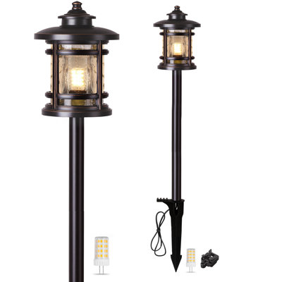 2 Pack Low Voltage Landscape Path Lights with 2×G4 Bulb, Aluminum Pathway Lights with Seed Glass Shade, 12V AC/DC, 480LM 3000K Bulbs, Waterproof Outdoor Lighting for Yard, Garden, Lawn, Walkway