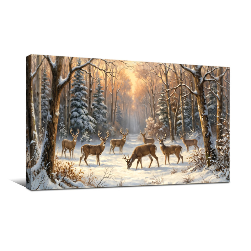 Paysage et nature Hiver, forêt, cerfs enneigés, paysage coucher de soleil, H 16 po x l 32 po