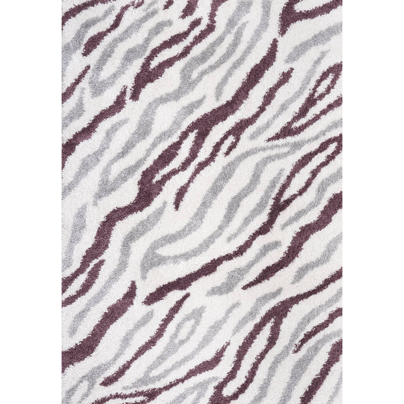 Moodi Modern Shaggy Area Rug Abstract Brushstroke Line Design, Rectangle 200 x 290 cm, Off-White Grey/Purple