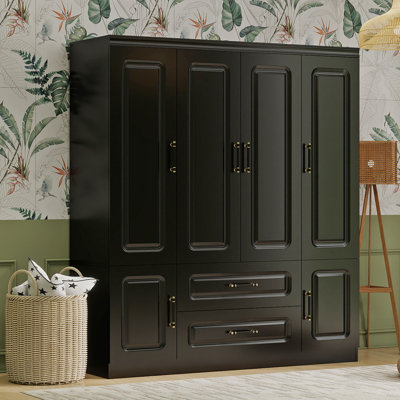 3-Door Solid Manufactured Wood Armoire with Mirroir, Black, 71“ H x 47" W x 20" D by Mercer41