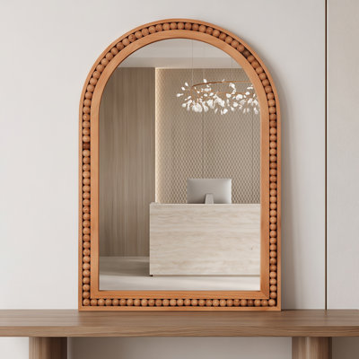 Round Wall Mirror with Beaded Solid Wood Frame
