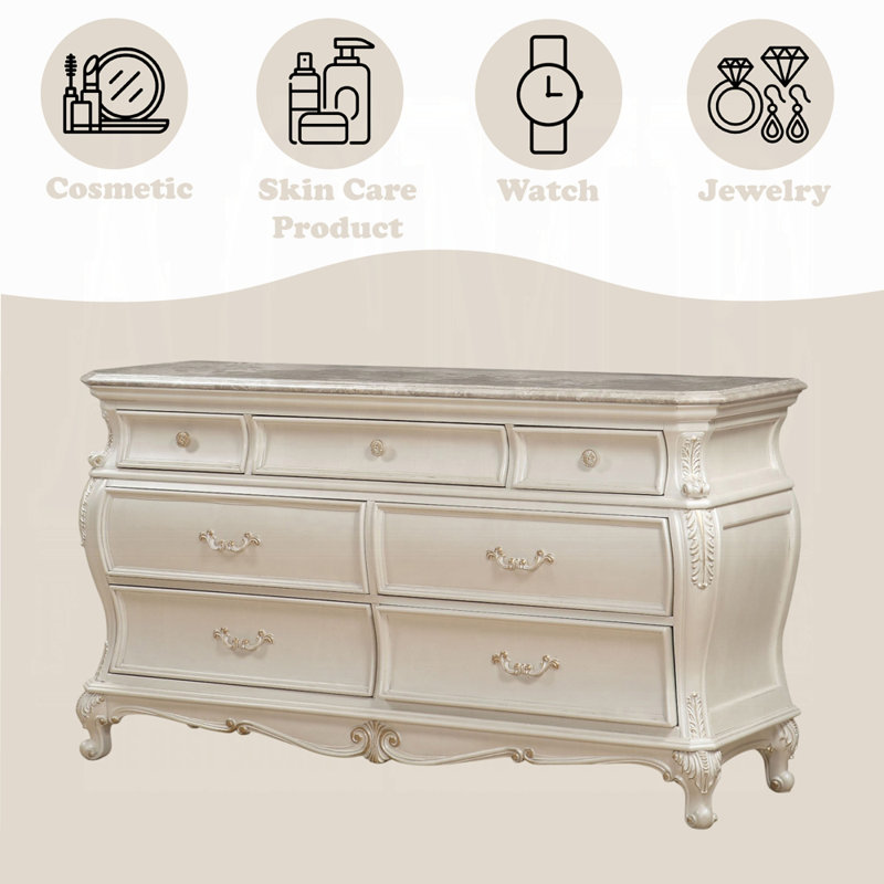Commode Chantelle avec plateau en marbre, Crème