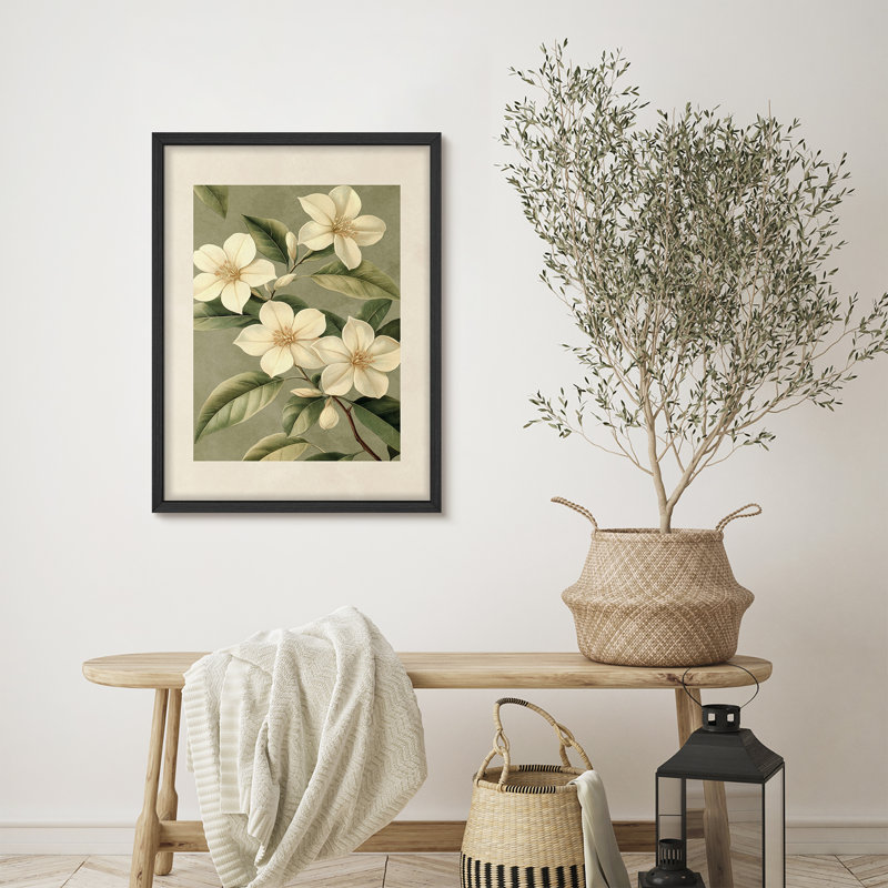 Reproduction d'art encadrée botanique blanc Magnolia, H 14 po x l 11 po, Blanc
