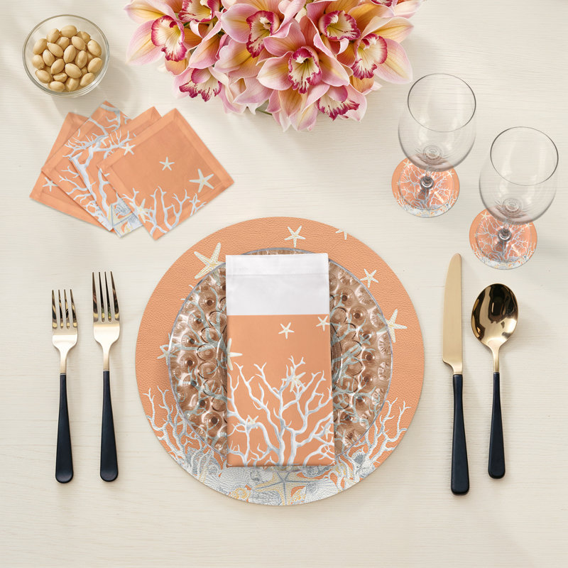  Coral Branch Vegan Leather Round Pebble Placemat, Peach