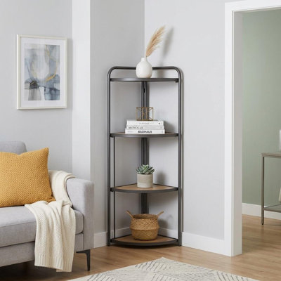 Bibliothèque de coin 47 "à quatre niveaux en acier et bois brun patiné