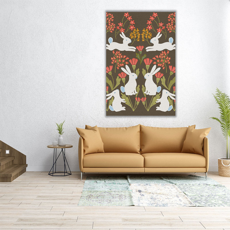 «Folk Flower and Rabbit II», reproduction d'art sur toile, H 60 po x l 40 po