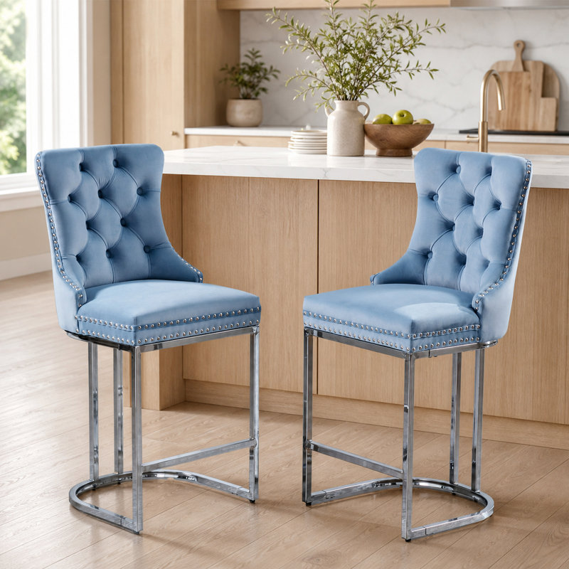 Ensemble de 2 tabourets de bar à oreilles capitonnés en velours bleu clair Sumdeal