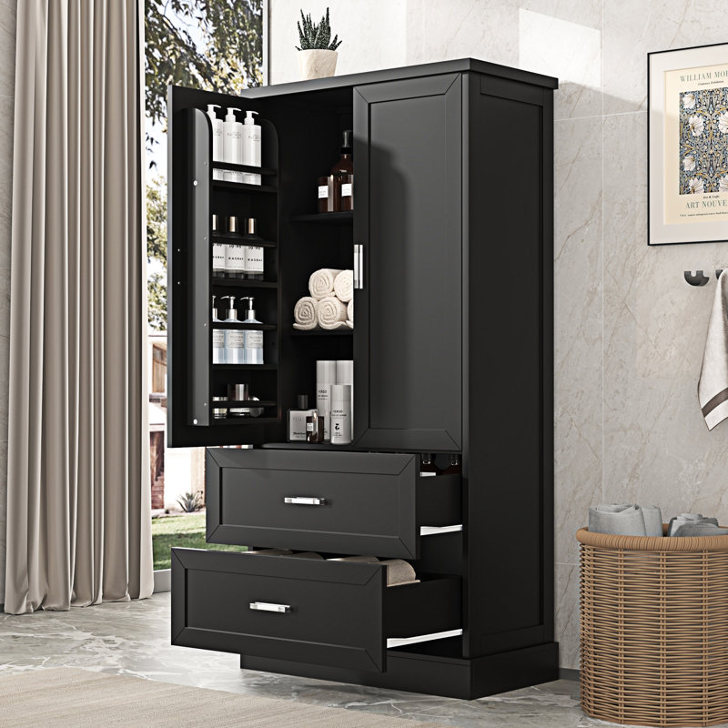Grand rangement de salle de bain Garner avec 2 tiroirs, une tablette réglable et des tablettes de porte
